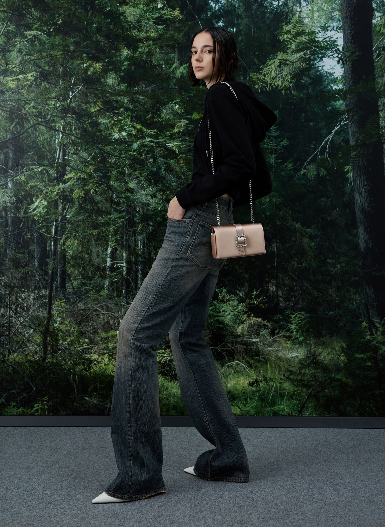 Satin Crystal-Buckle Belted Chain-Handle Bag, Sunset Nude, hi-res