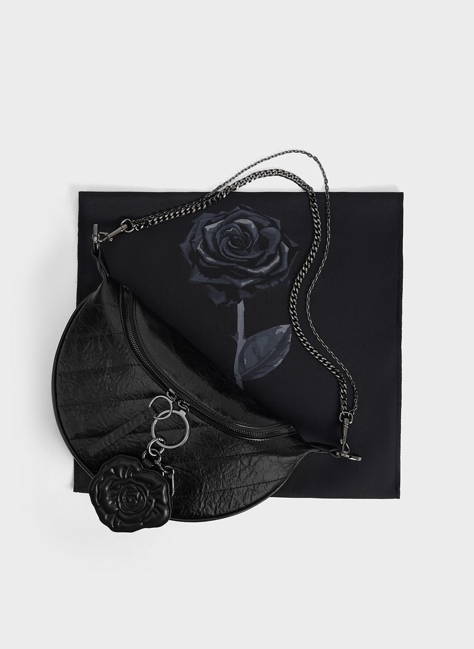 Philomena Rose-Motif Half-Moon Crossbody Bag, Noir, hi-res