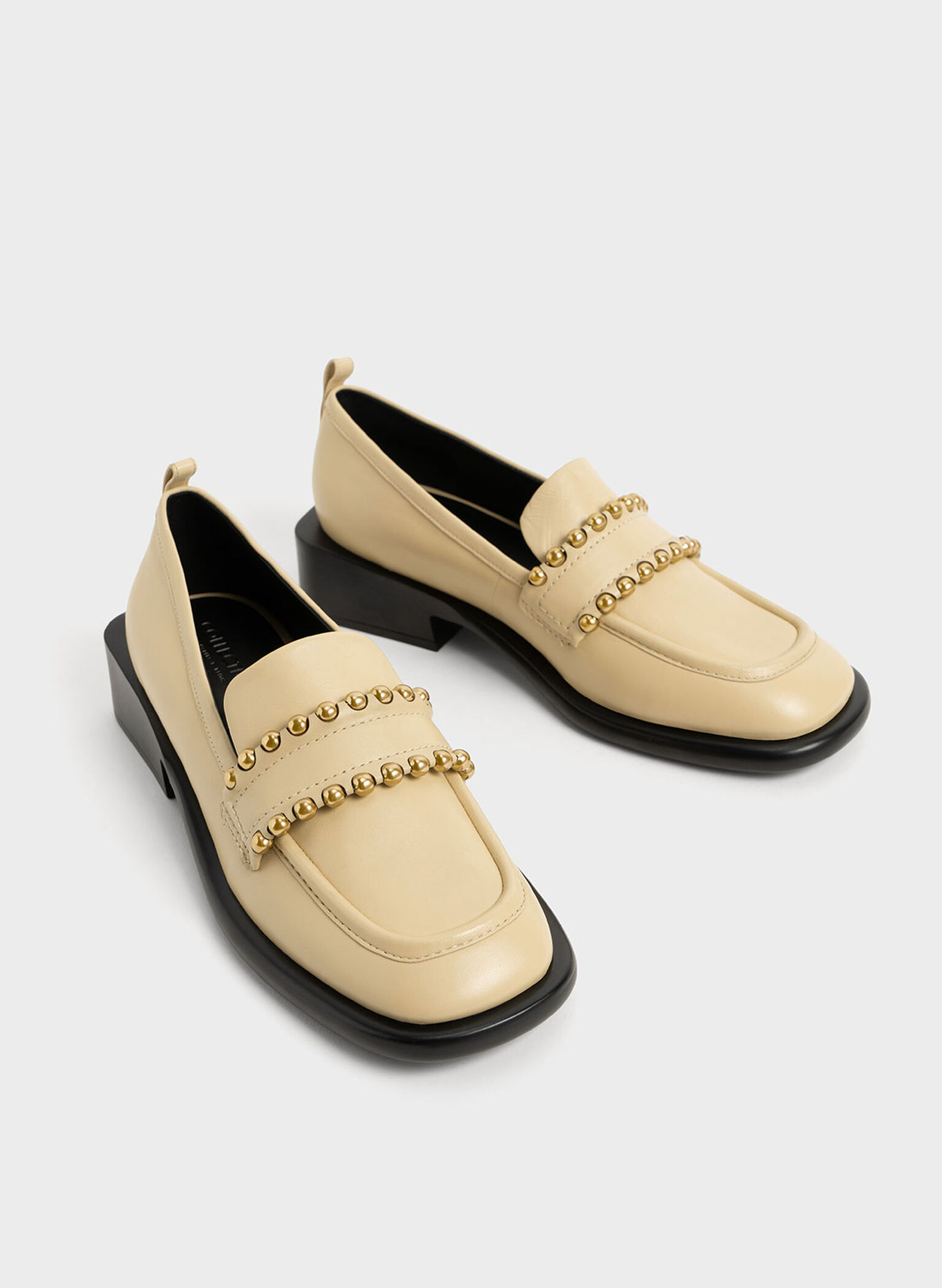 Studded Leather Penny Loafers, Sand, hi-res