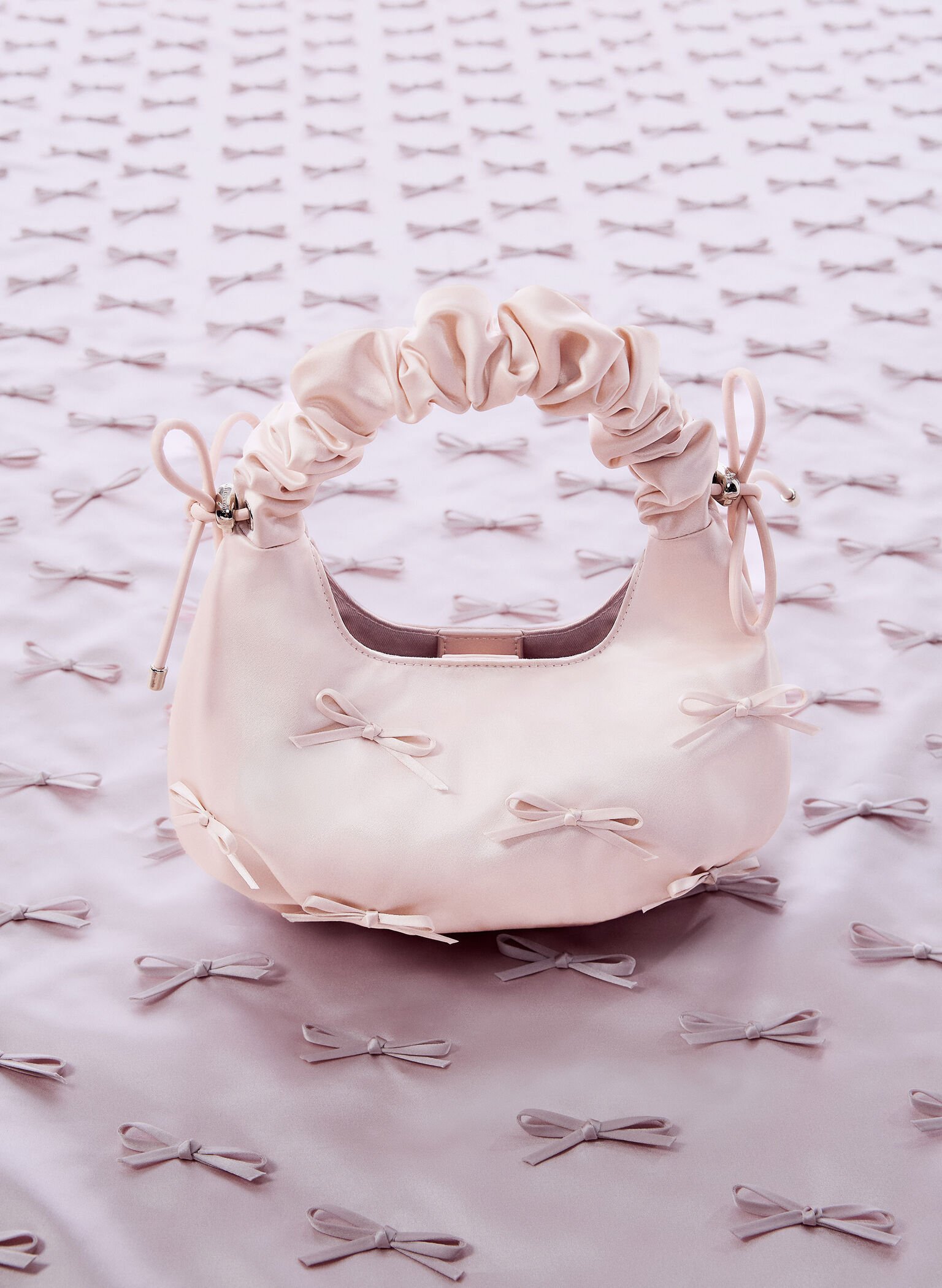 Satin Bow Ruched-Handle Bag, Baby Pink, hi-res