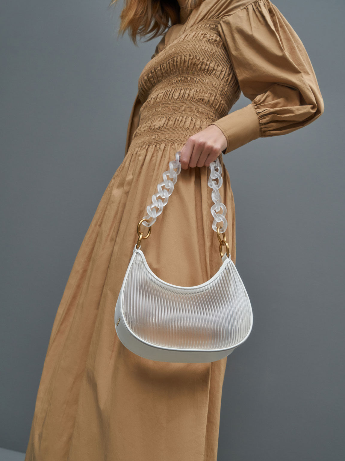 Acrylic Chain Handle Hobo Bag, White, hi-res