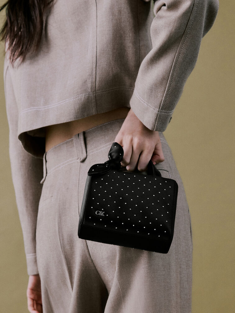 Satin Studded Knotted-Bow Mini Bag, Noir Studded Satin, hi-res