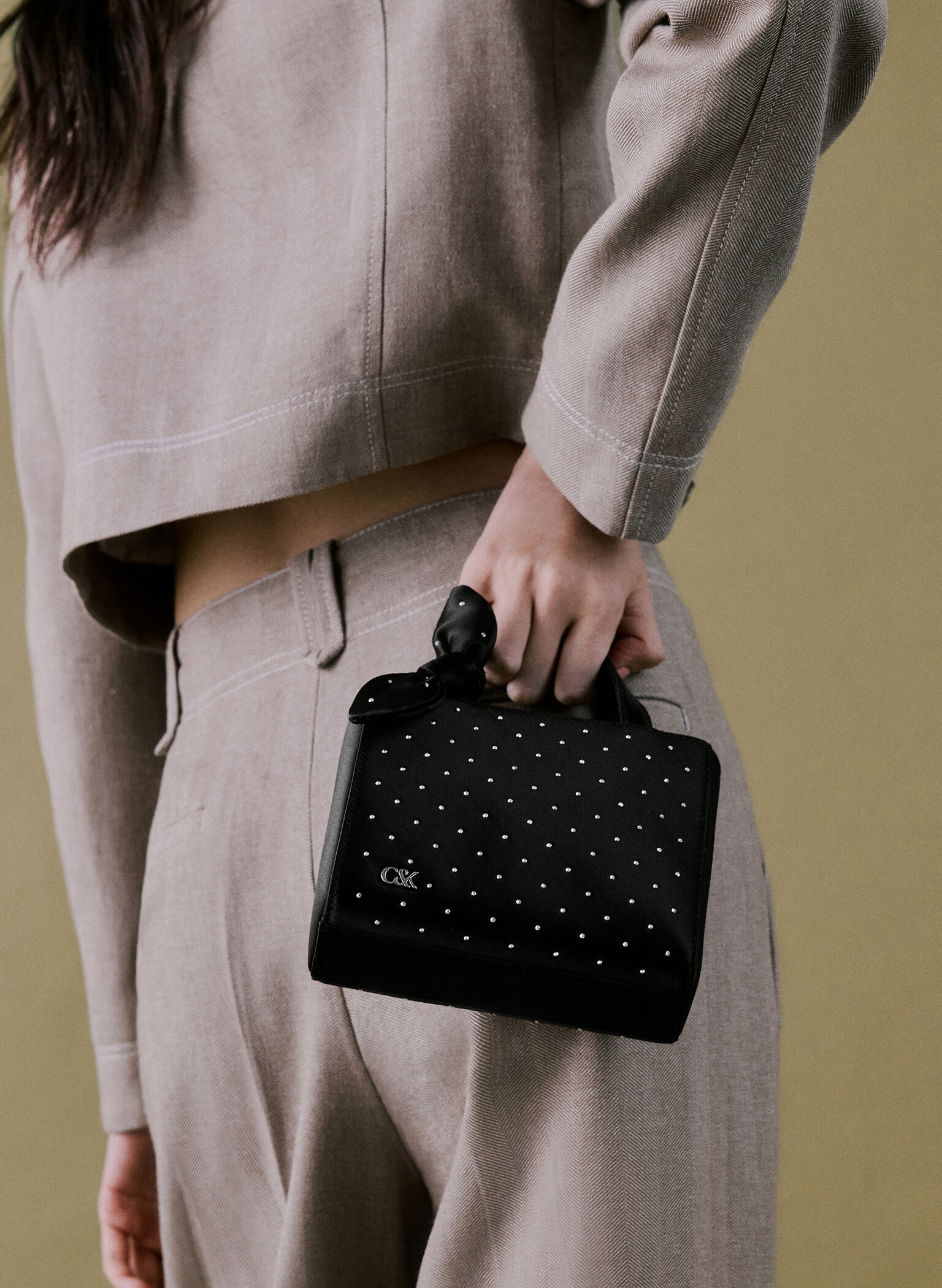 Satin Studded Knotted-Bow Mini Bag, Noir Studded Satin, hi-res
