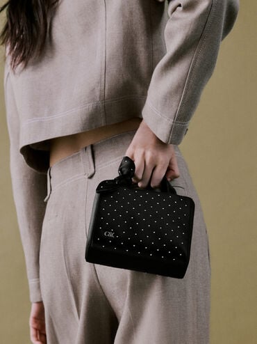 Satin Studded Knotted-Bow Mini Bag, Noir Studded Satin, hi-res