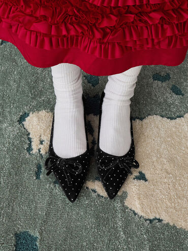 Velvet Dotted Bow Pointed-Toe Kitten-Heel Pumps, Black Textured, hi-res