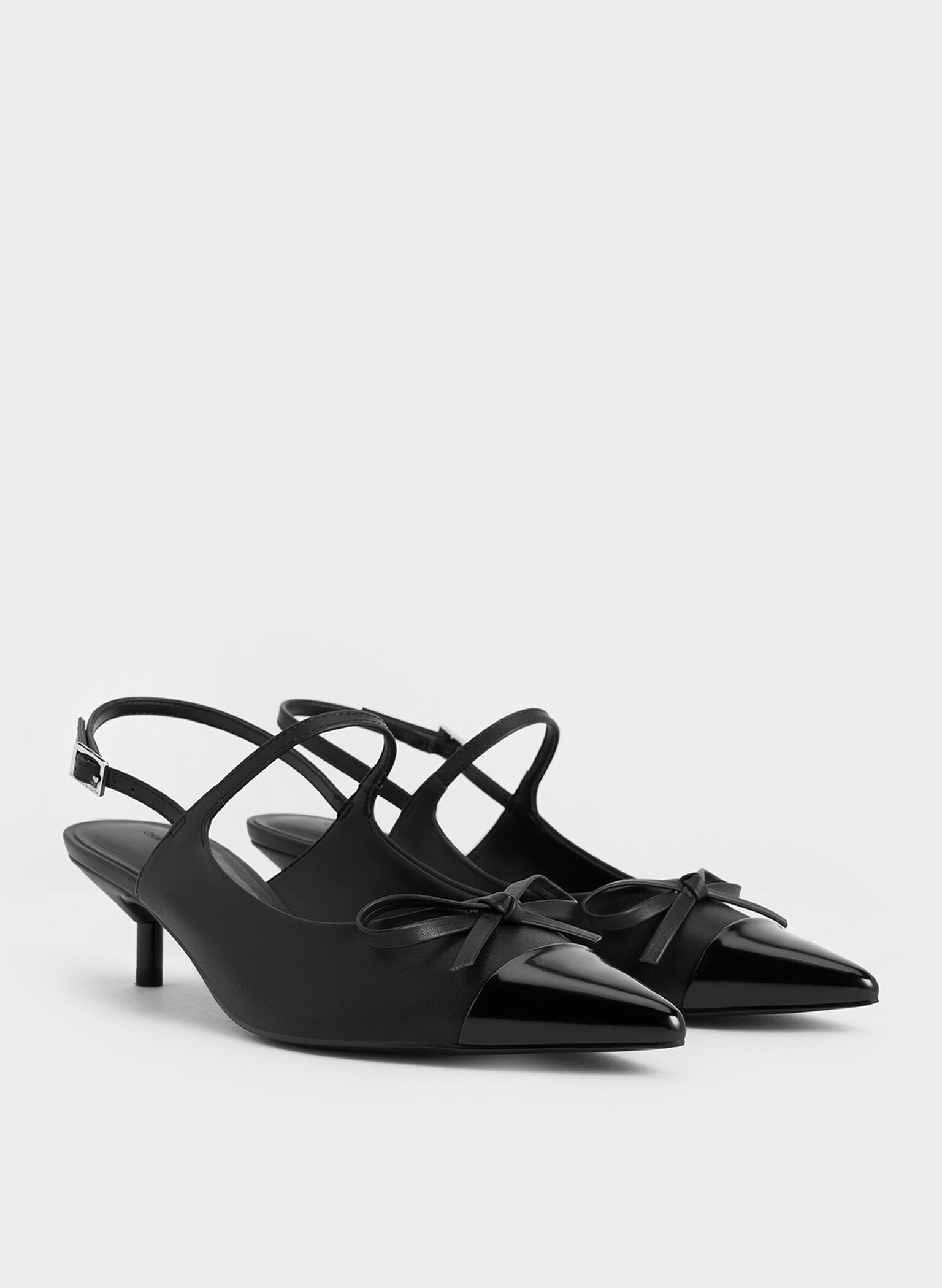 Bow Cap-Toe Kitten-Heel Slingback Pumps, Black, hi-res