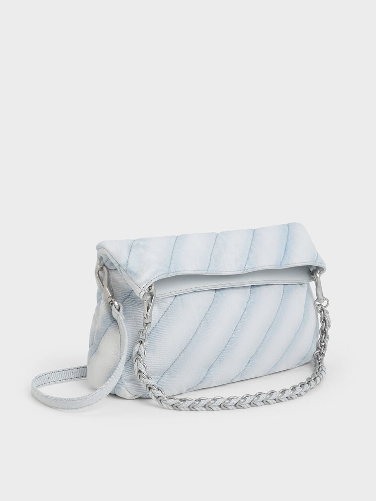 Fawn Denim Panelled Chain-Handle Shoulder Bag, Light Washed Denim, hi-res