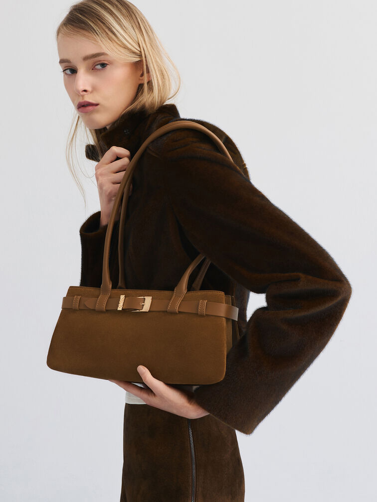 Jody Suede Belted Shoulder Bag, Ember Brown, hi-res