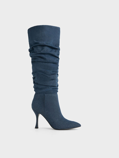 Aster Denim Ruched Knee-High Boots, Blue, hi-res