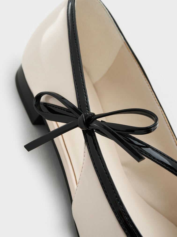 Patent Contrast-Trim Pointed-Toe Bow-Strap Flats, Chalk, hi-res