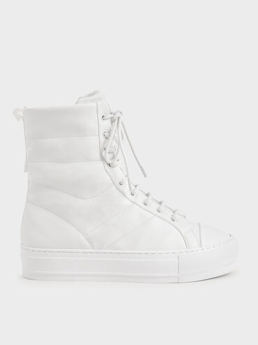 Quilted High Top Sneakers, White, hi-res