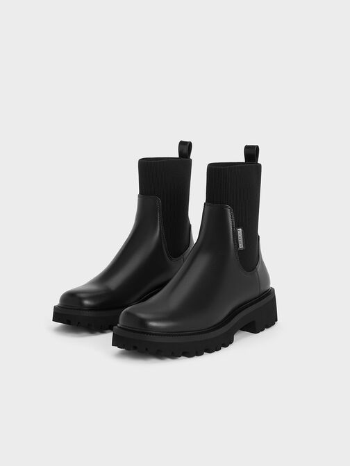 Knitted Sock Ridge-Sole Chelsea Boots, Black, hi-res