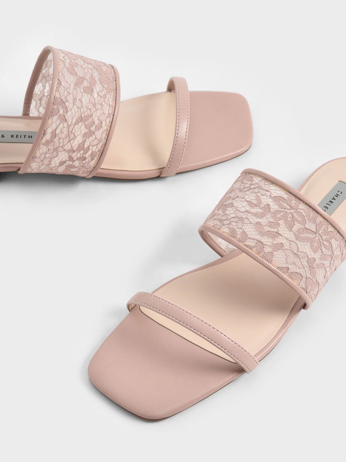 Lace & Mesh Slide Sandals, Pink, hi-res