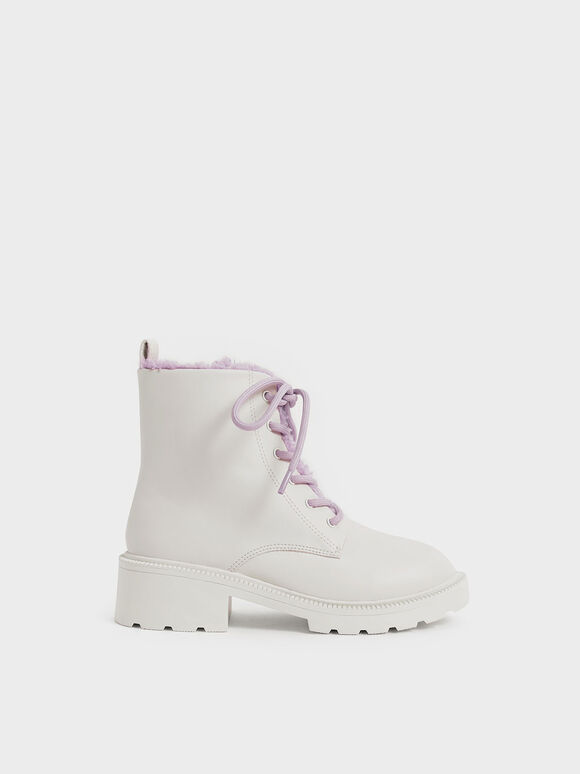 Girls' Fur-Trimmed Lace-Up Chunky Ankle Boots, White, hi-res