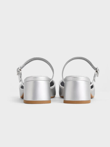 Buckled-Strap Trapeze-Heel Mules, Silver, hi-res