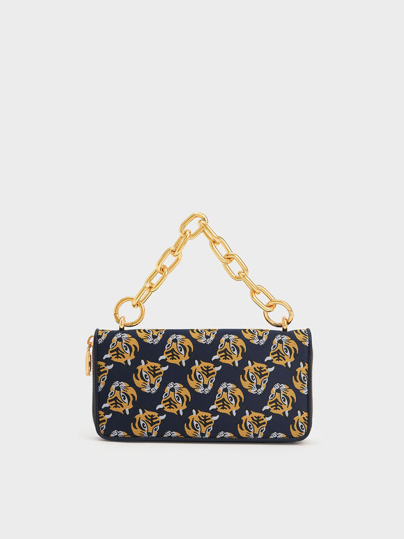 Lunar New Year Collection: Tiger Print Chain Handle Long Wallet, Navy, hi-res