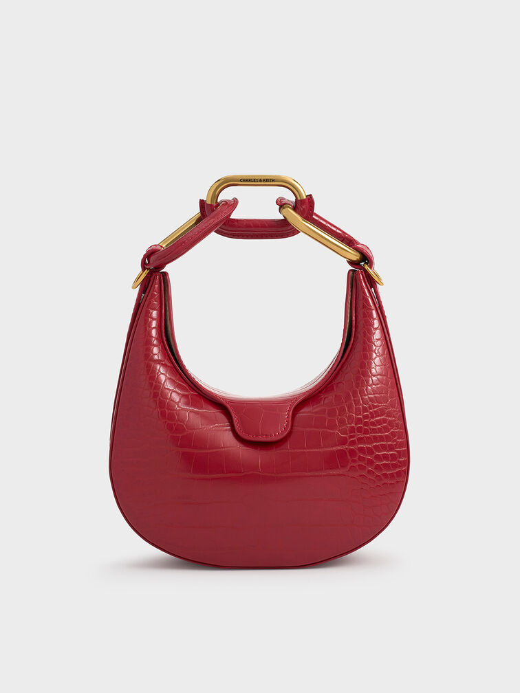 Mini Kora Croc-Effect Chain-Link Moon Bag, Crimson, hi-res