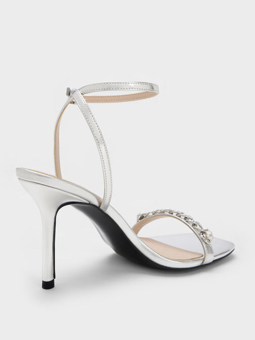 Chain-Embellished Metallic Ankle Strap Sandals, Silver, hi-res
