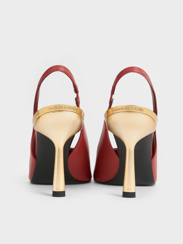 Metallic-Heel Pointed-Toe Slingback Pumps, Brick, hi-res