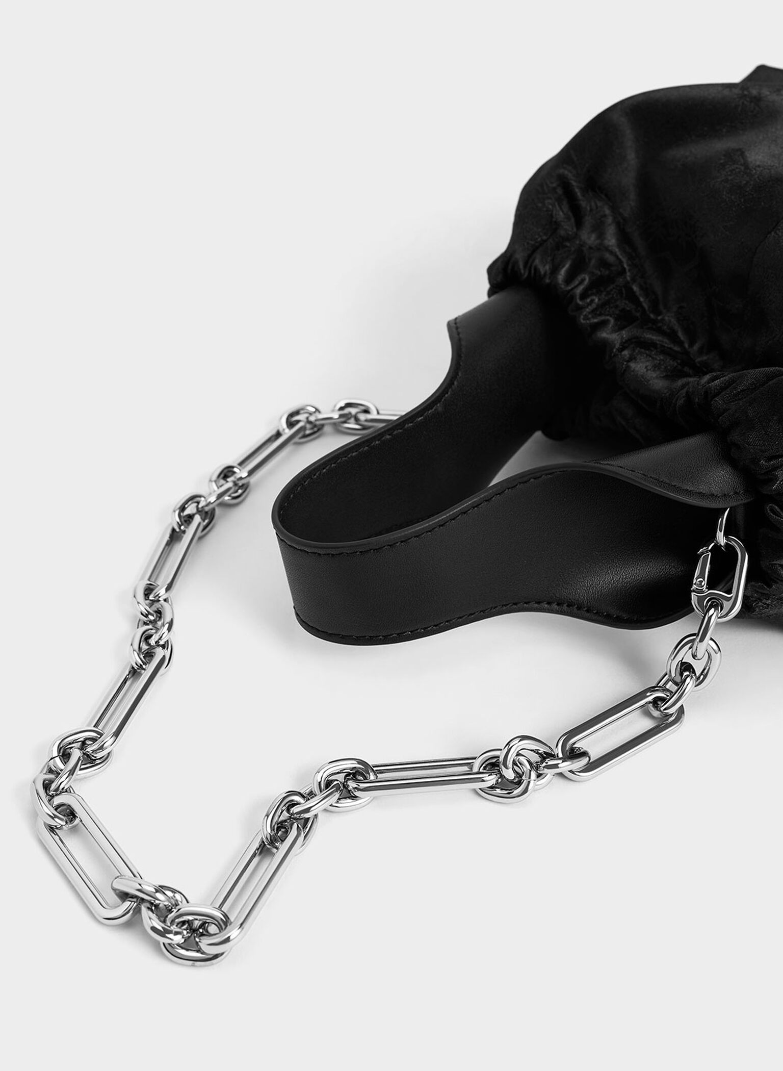Ally Satin Floral-Print Ruched Bag, Noir, hi-res