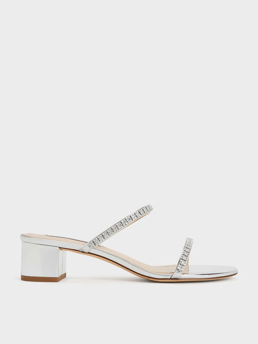 Ambrosia Metallic Gem-Embellished Mules, Silver, hi-res