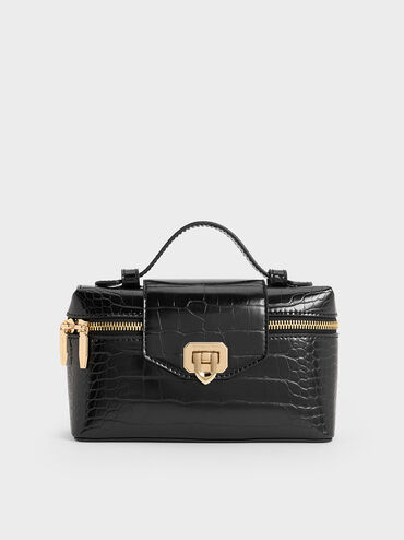 Arwen Croc-Effect Top Handle Vanity Bag, Black, hi-res
