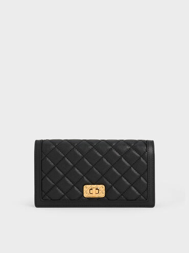 Micaela Quilted Long Wallet, Black, hi-res