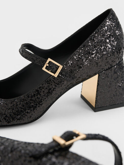 Patent Glittered Trapeze-Heel Mary Janes, Black Textured, hi-res