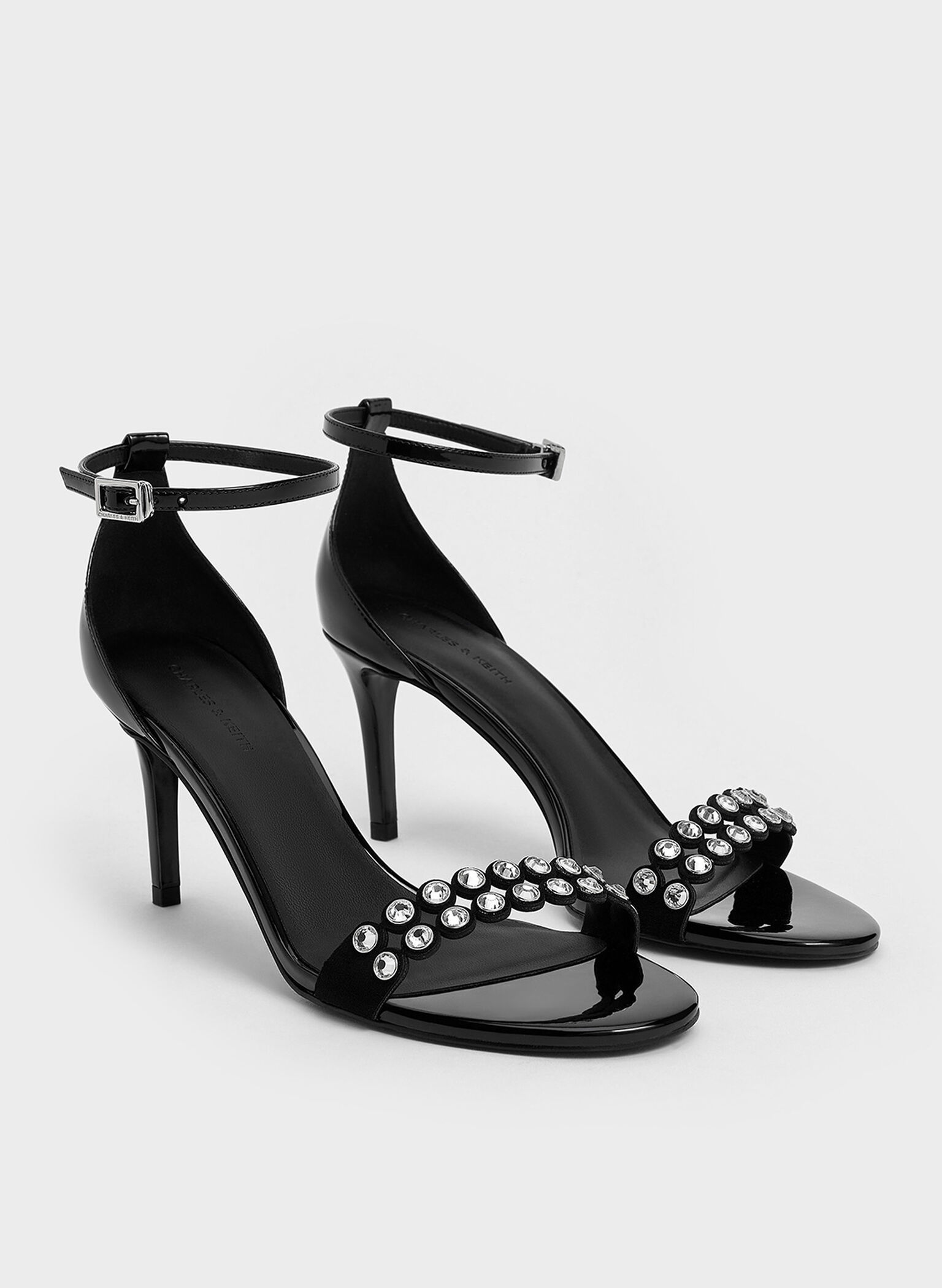 Patent Crystal-Embellished Heeled Ankle-Strap Sandals, Black Patent, hi-res