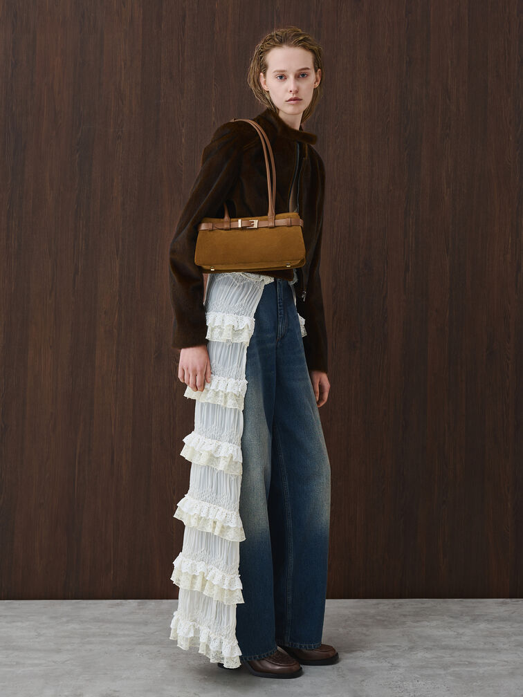 Jody Suede Belted Shoulder Bag, Ember Brown, hi-res