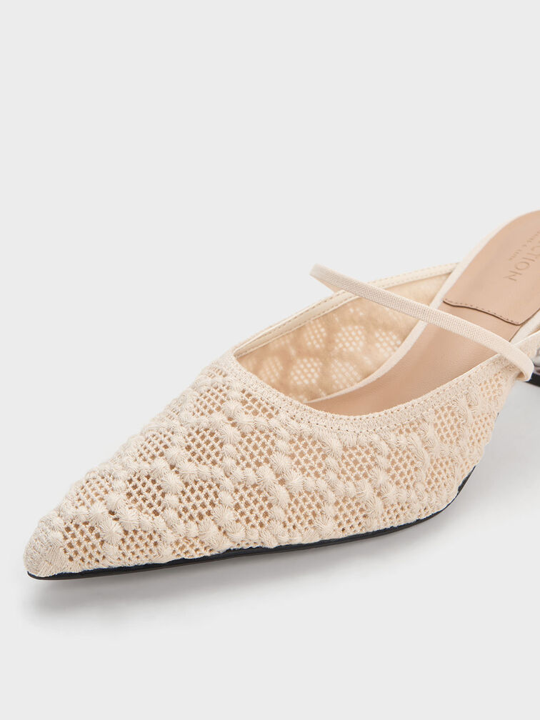 Crochet & Leather Beaded Heel Mules, Cream, hi-res