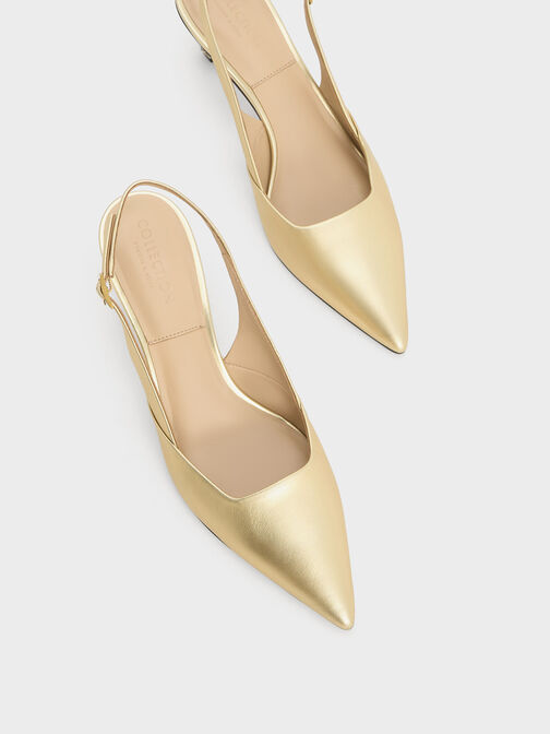 Geometric Heel Slingback Pumps, Gold, hi-res
