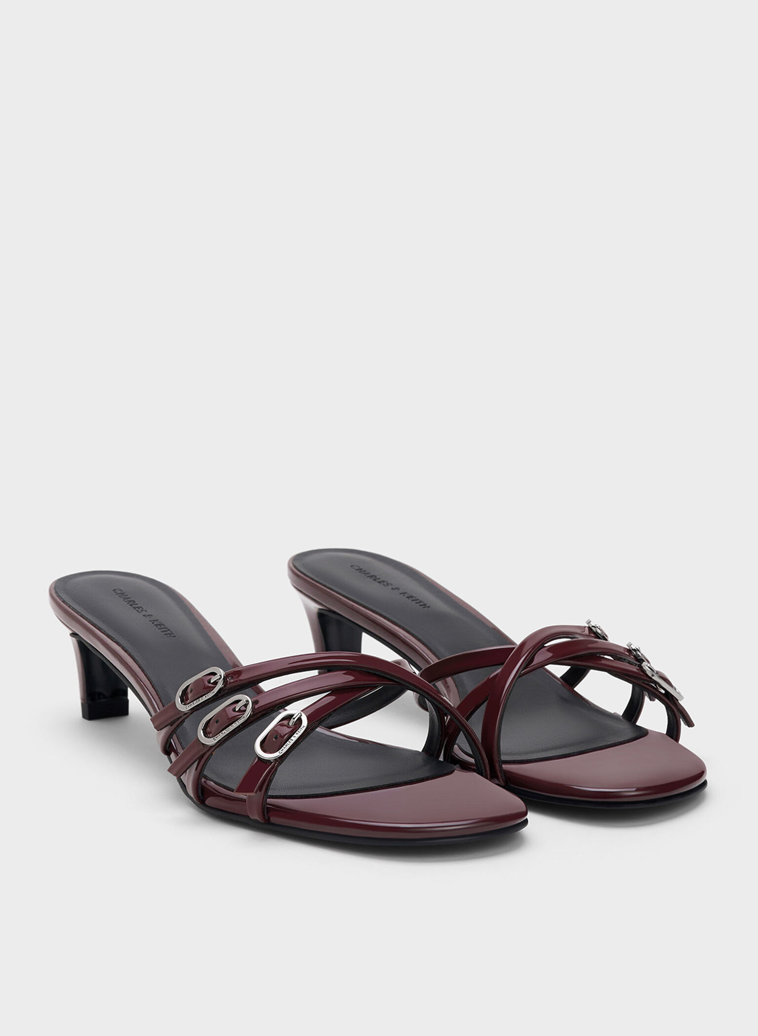 Patent Buckled Strappy Kitten-Heel Mules, Burgundy, hi-res