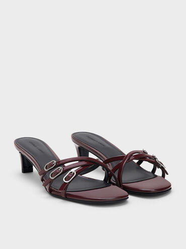 Patent Buckled Strappy Kitten-Heel Mules, Burgundy, hi-res