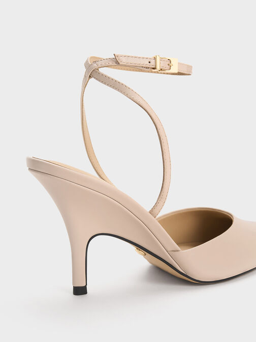 Leather Ankle Strap Pumps, Nude, hi-res