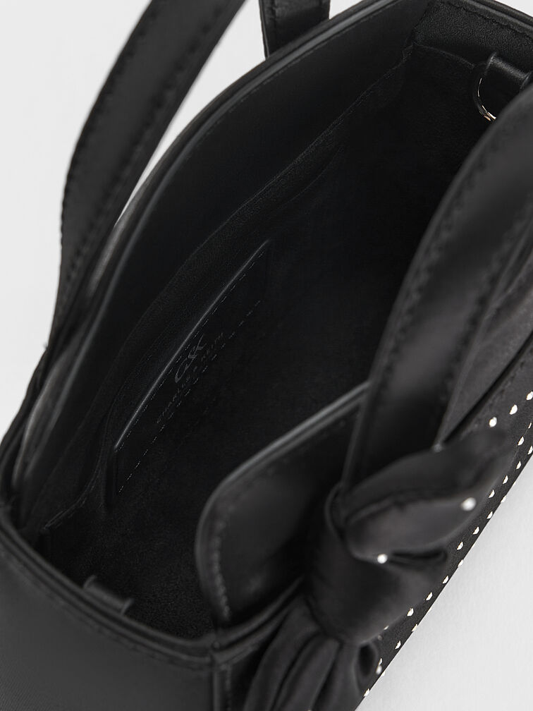 Satin Studded Knotted-Bow Mini Bag, Noir Studded Satin, hi-res