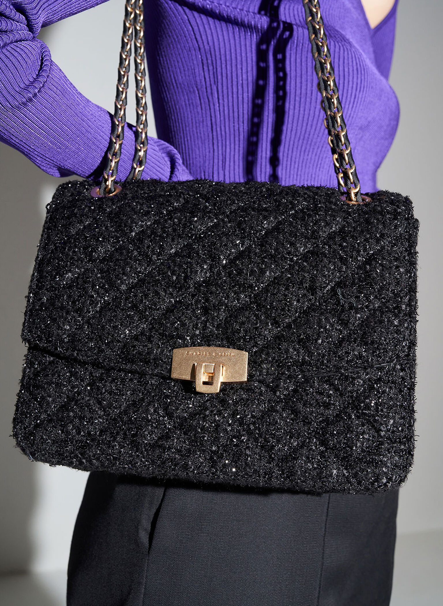 Tweed Chain Strap Bag, Black, hi-res