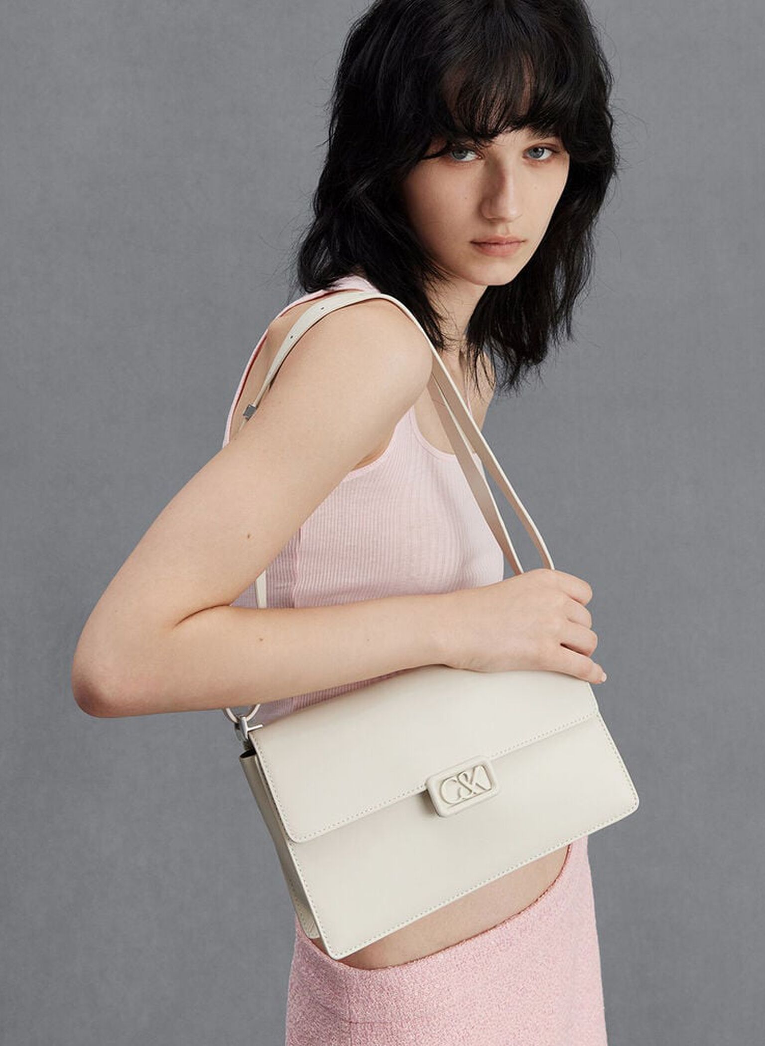 Leather Shoulder Bag, White, hi-res