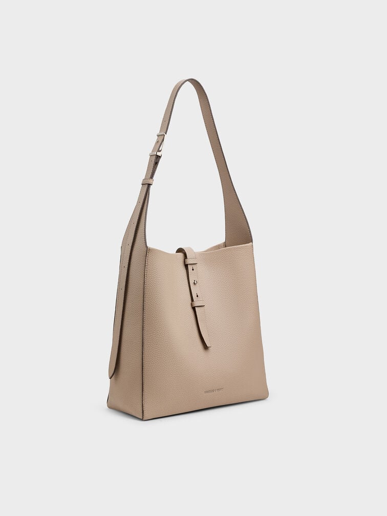 Beryl Recycled Leather Belted Hobo Bag, Taupe, hi-res