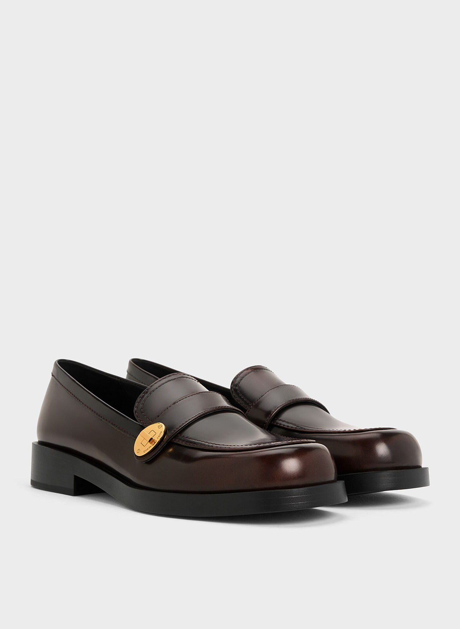 Hettie Metallic-Buckle Strap Loafers, Brown, hi-res