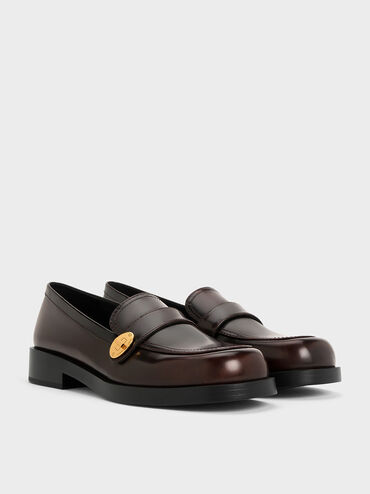 Hettie Metallic-Buckle Strap Loafers, Brown, hi-res