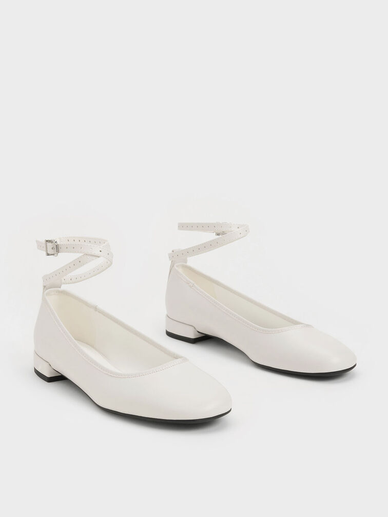Ankle-Strap Ballet Flats, White, hi-res