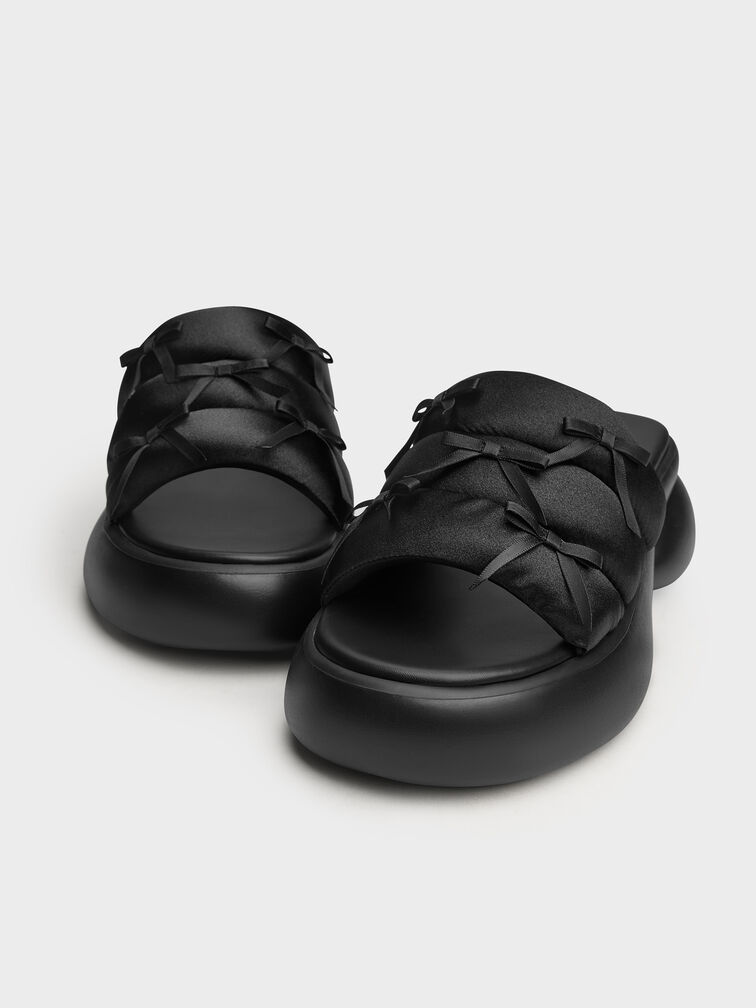 Recycled Polyester Bow Puffy Sports Sandals, Black Textured, hi-res