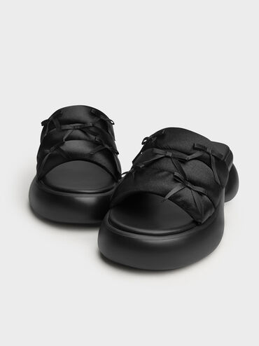Recycled Polyester Bow Puffy Sports Sandals, Black Textured, hi-res