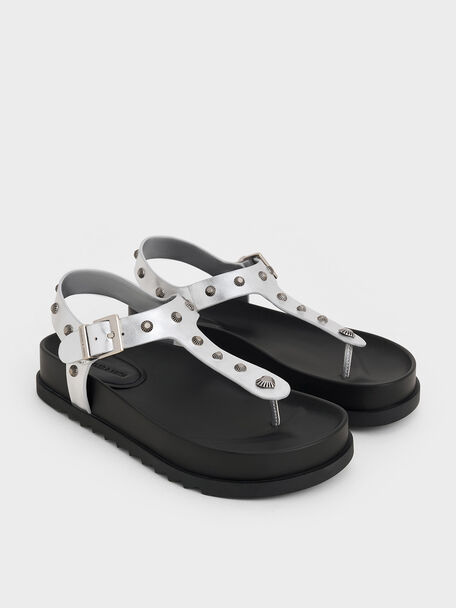 Metallic Studded Heart-Embellished Thong Sandals, Silver, hi-res