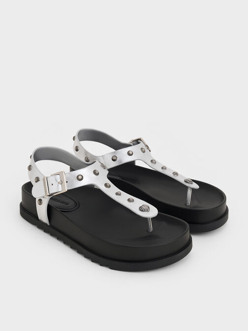 Metallic Studded Heart-Embellished Thong Sandals, Silver, hi-res