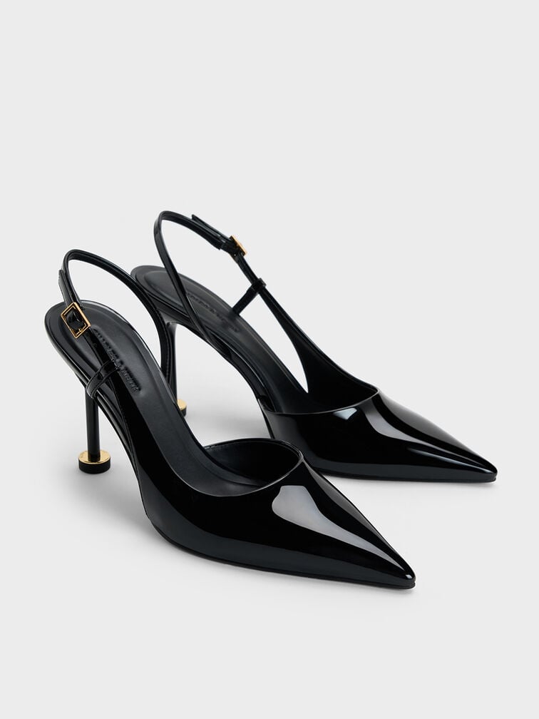 Patent Pointed-Toe Sculptural-Heel Slingback Pumps, Black Patent, hi-res