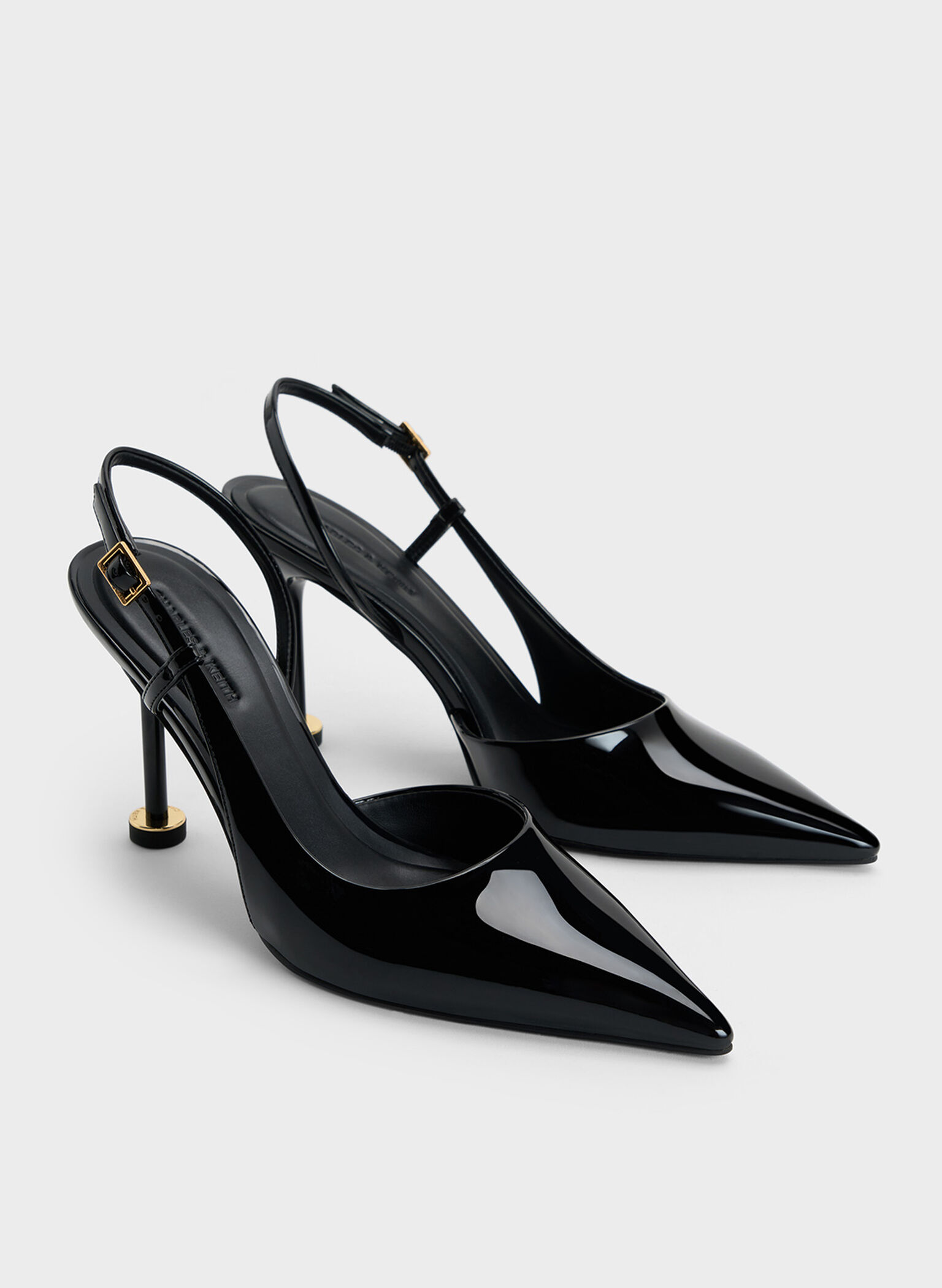 Patent Pointed-Toe Sculptural-Heel Slingback Pumps, Black Patent, hi-res
