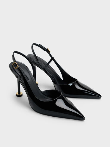 Patent Pointed-Toe Sculptural-Heel Slingback Pumps, Black Patent, hi-res