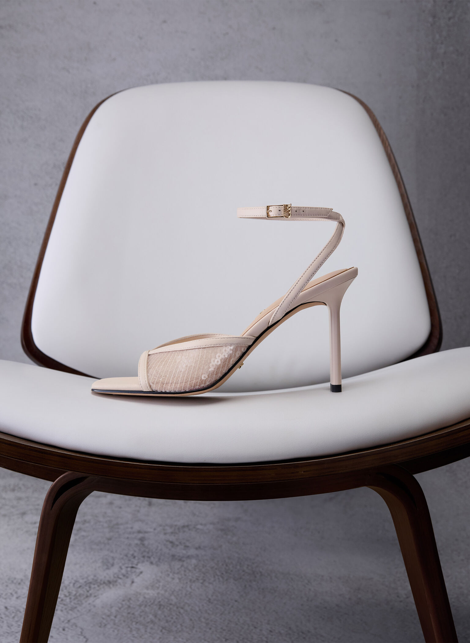 Sequin Mesh & Leather Ankle-Strap Heeled Sandals, Nude, hi-res